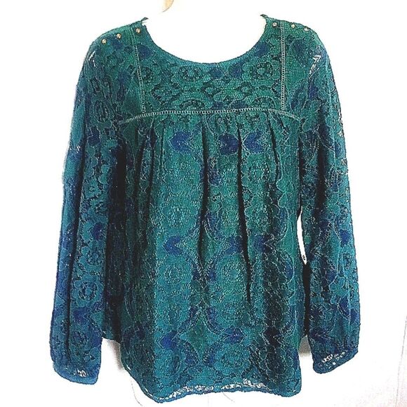 STYLUS Tops - Womens STYLUS Forrest Green "Bold Emerald" & Navy Blue Lace Blouse Size S